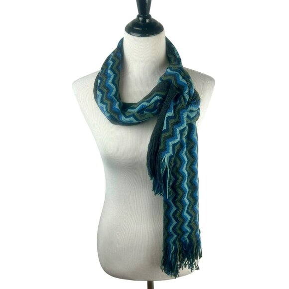 Dante Accessories Scarf Wrap Women OS Green Blue 100% Lambswool Chevron Stripe - Picture 1 of 4